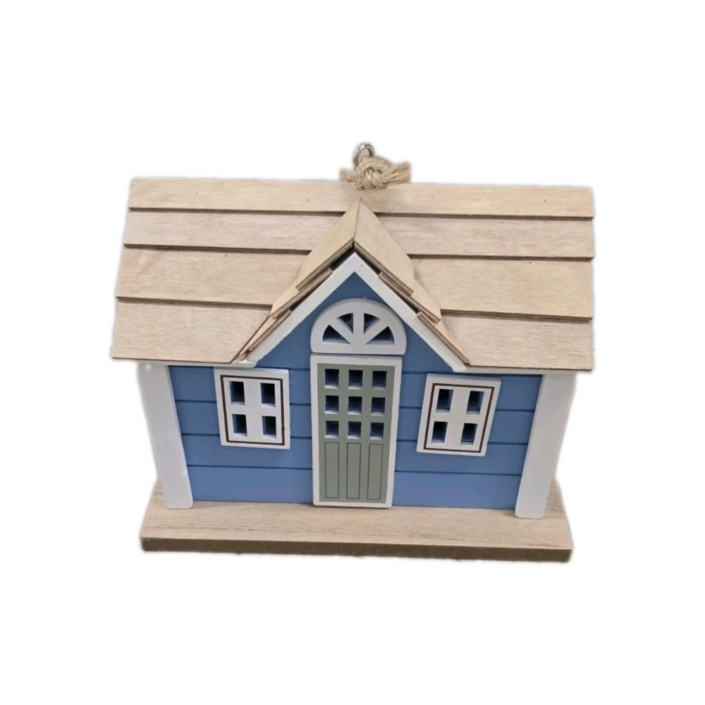 Small Blue and White Wooden Birdhouse Decorative Hanging Cottage